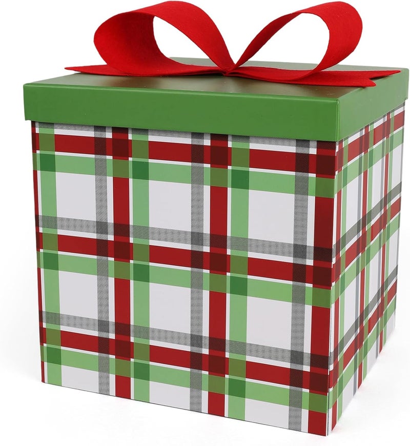 LaRibbons Large Christmas Gift Boxes with Lids,10x10x10 Inches Plaid Design Folding Square Gift Boxes for Christmas Decorative,Xmas,Present,Storage,Red and Green - Image 1